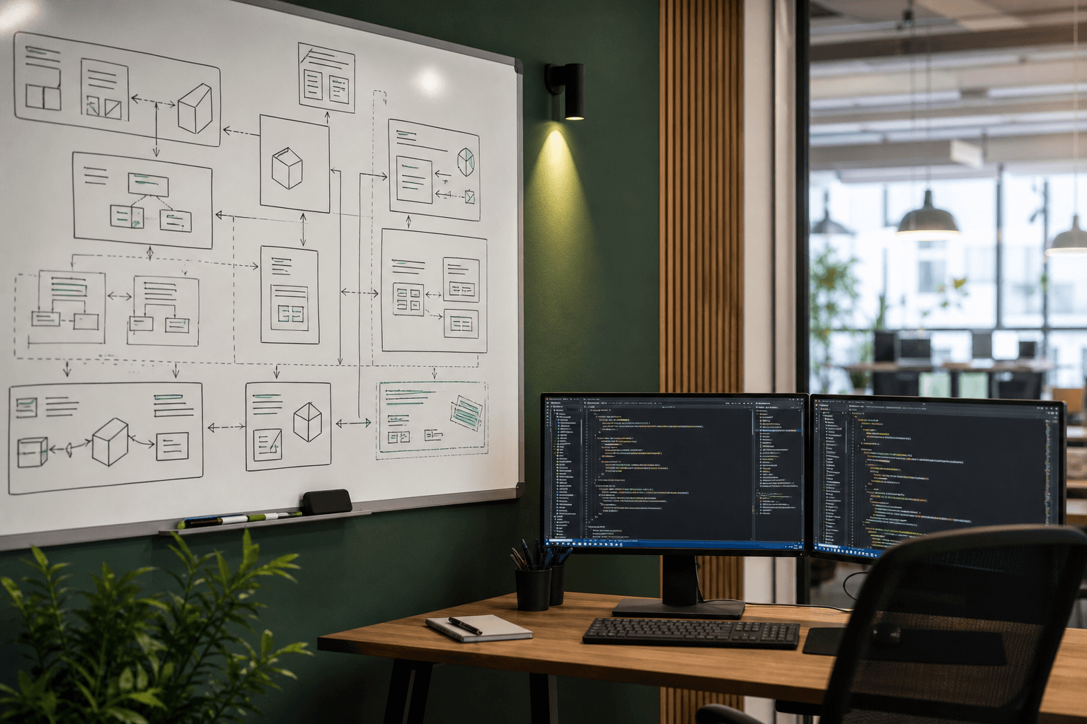 Architecture sketches beside engineering monitors
