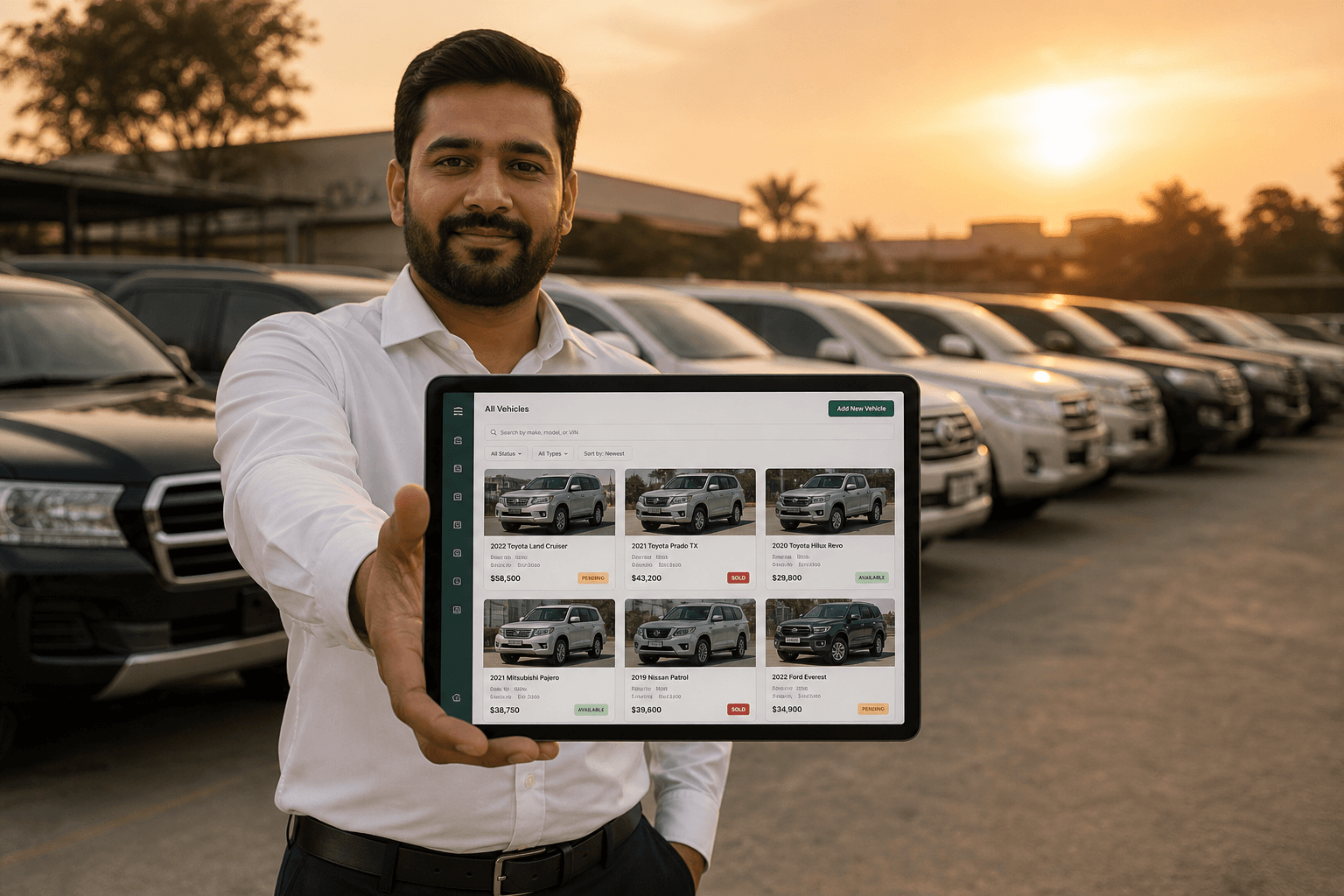 Dealer on a vehicle lot reviewing AutoTrader Bangladesh listings on a tablet