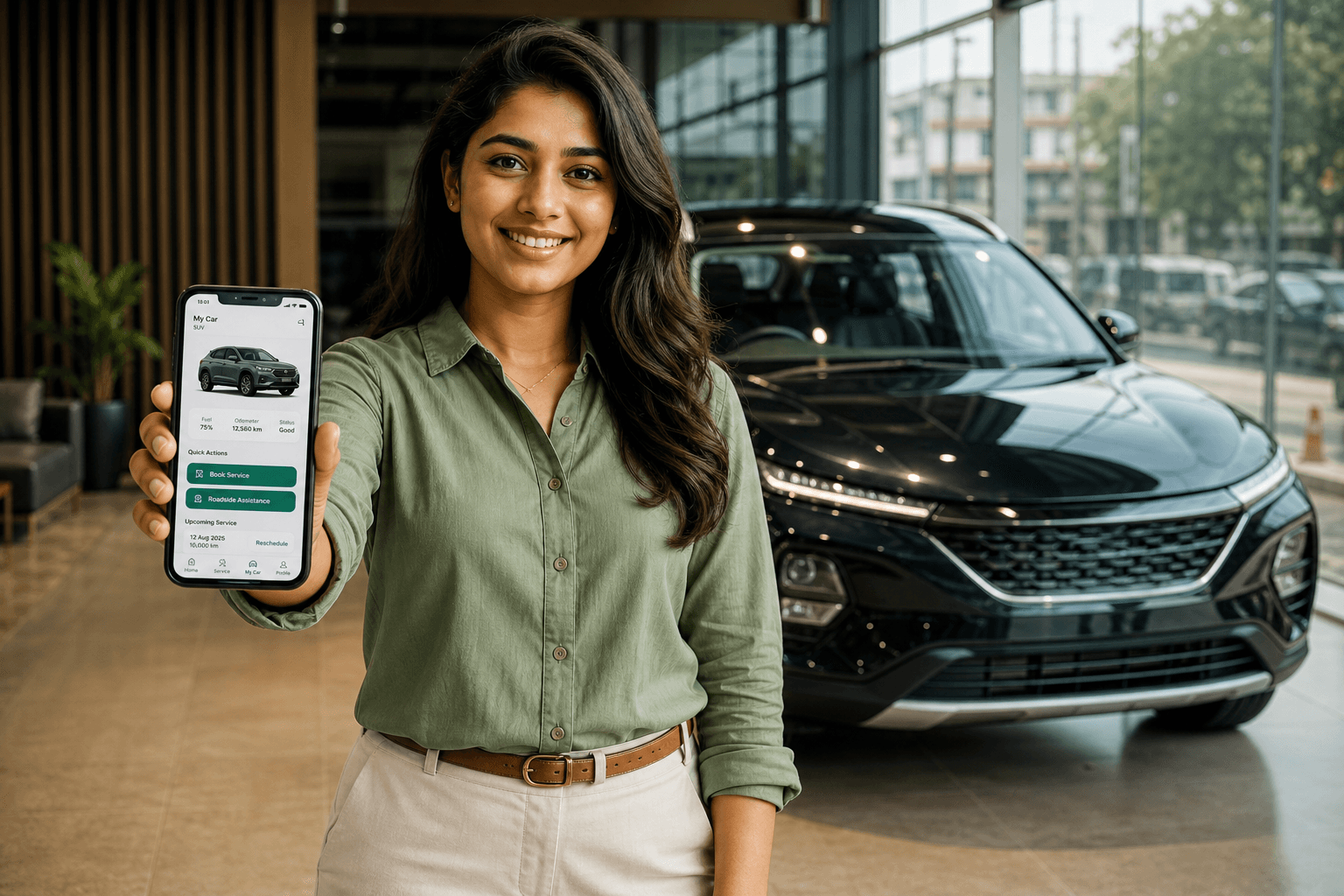 Customer in a showroom holding the Chery Bangladesh app in front of an SUV