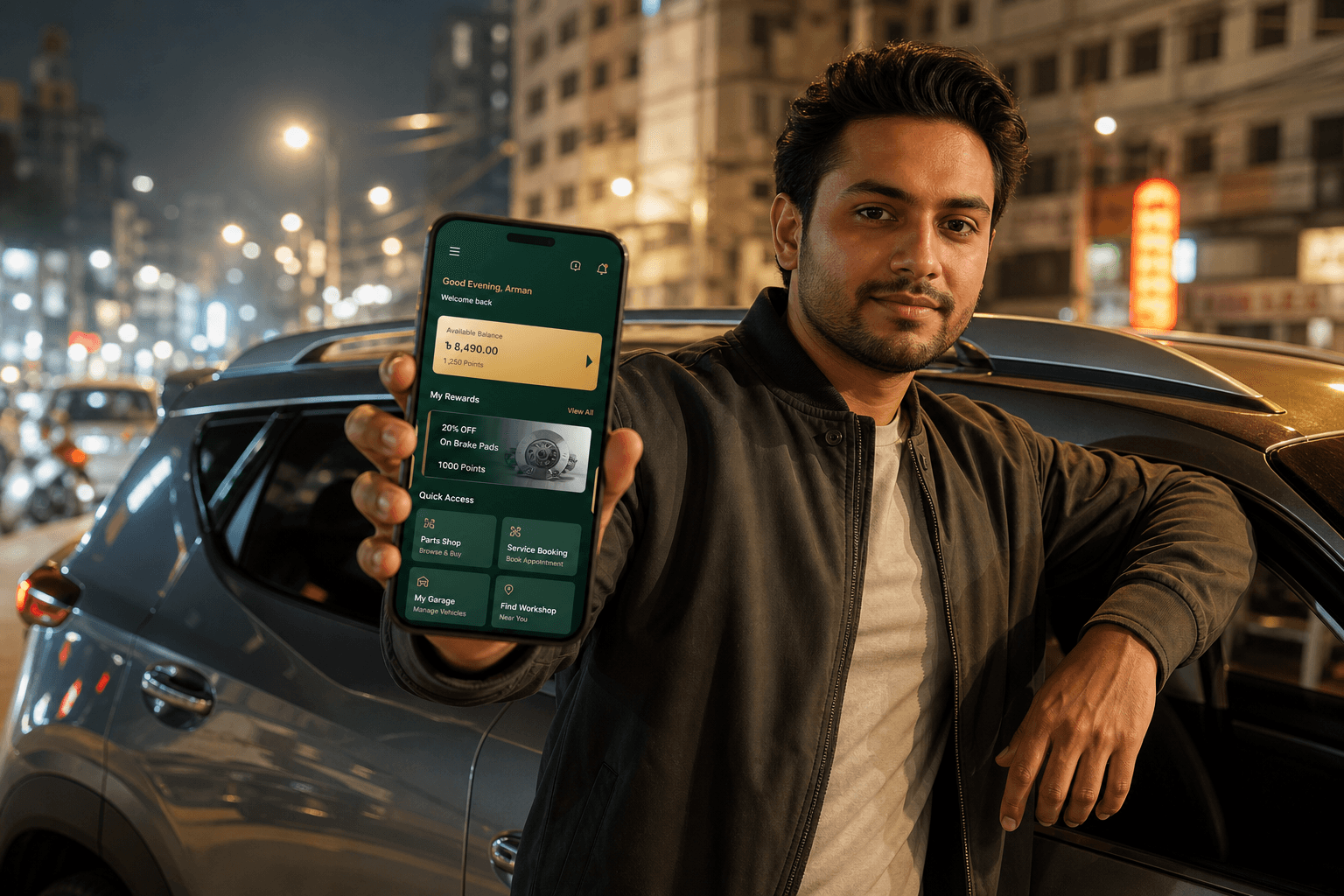 Driver using the ELF Bangladesh loyalty and commerce app beside a vehicle at night