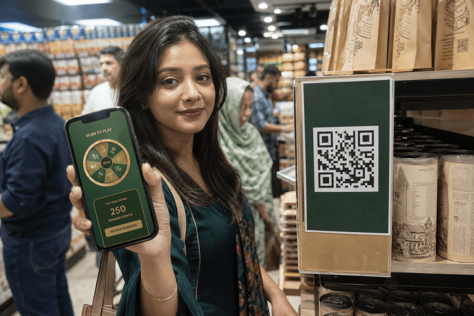 Shopper scanning a QR loyalty campaign and playing a rewards game on their phone