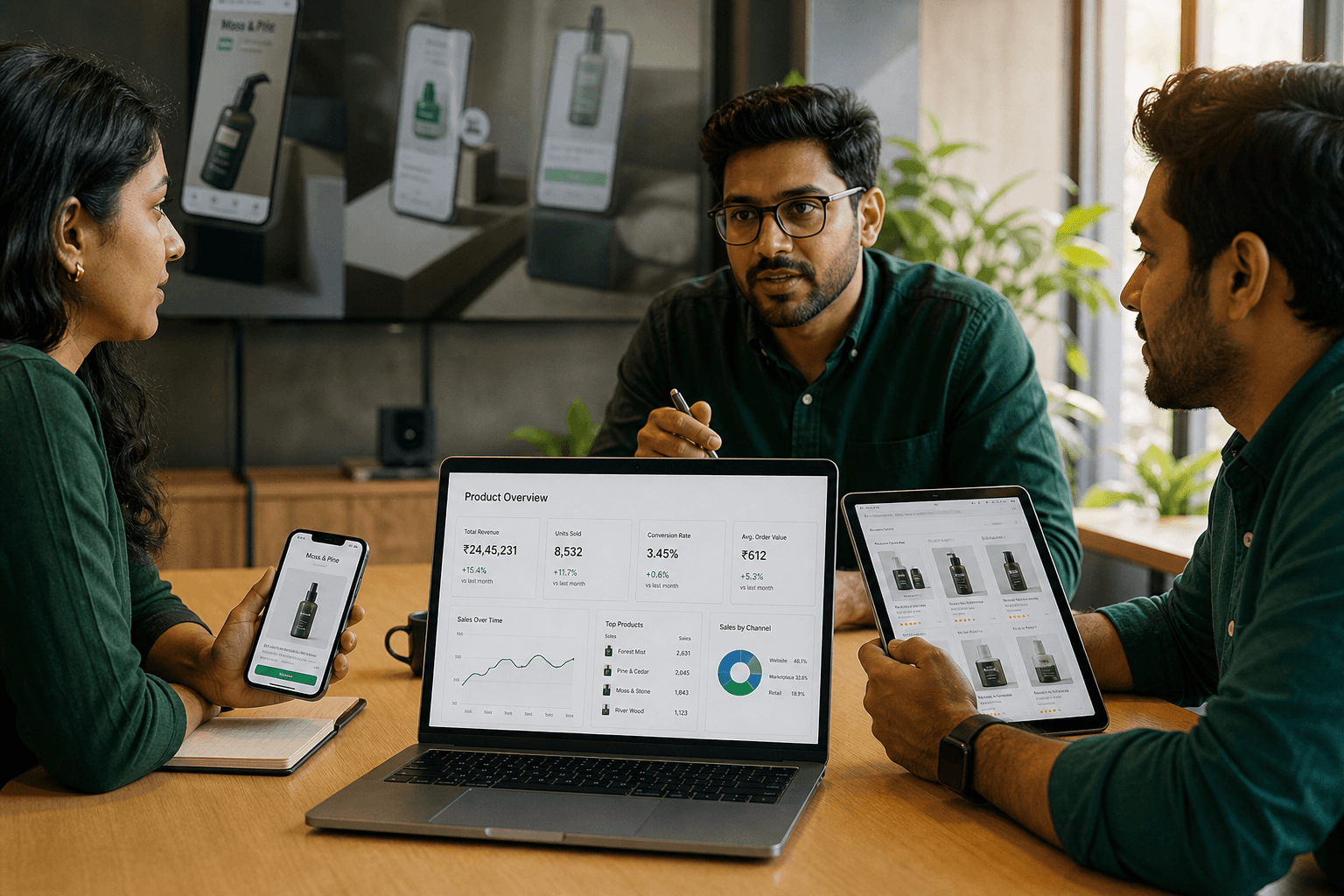 Studio team reviewing live product surfaces on laptop, tablet, and phone
