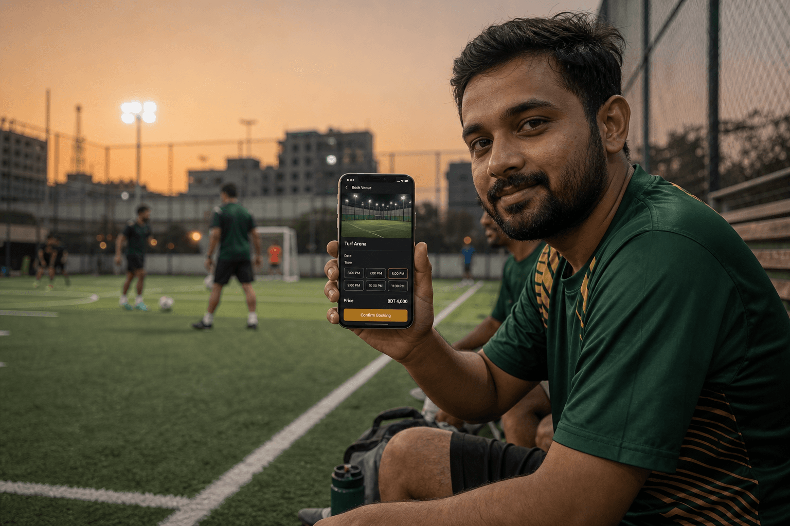 Player on a football turf booking a pitch time slot in the TurfLet app