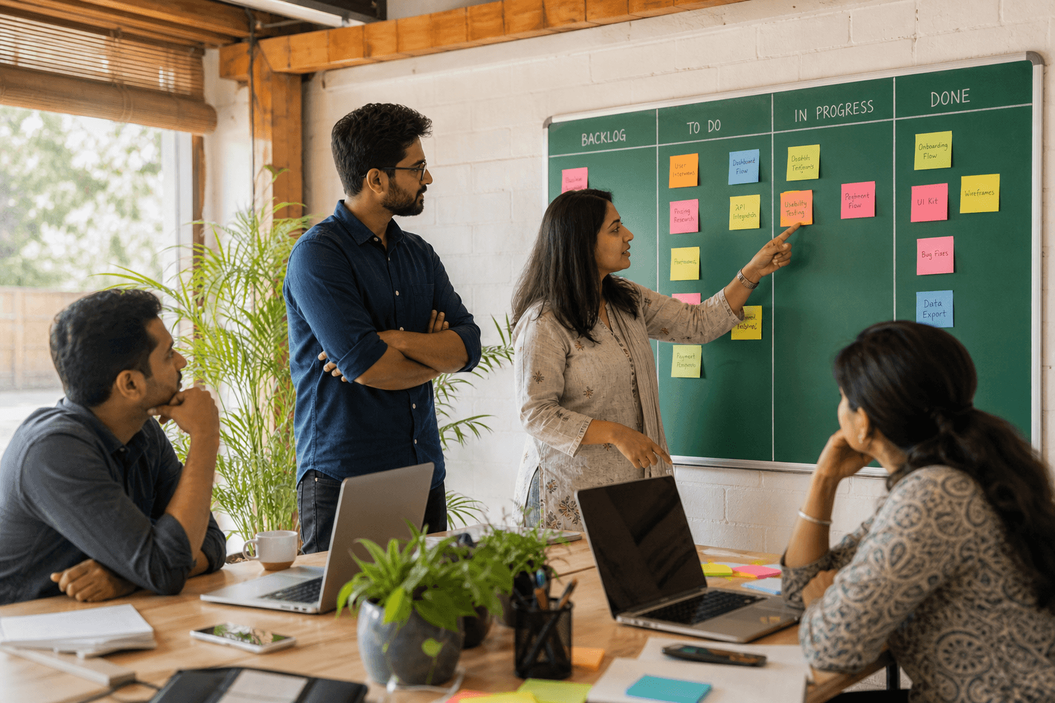Studio team at a kanban board during sprint planning