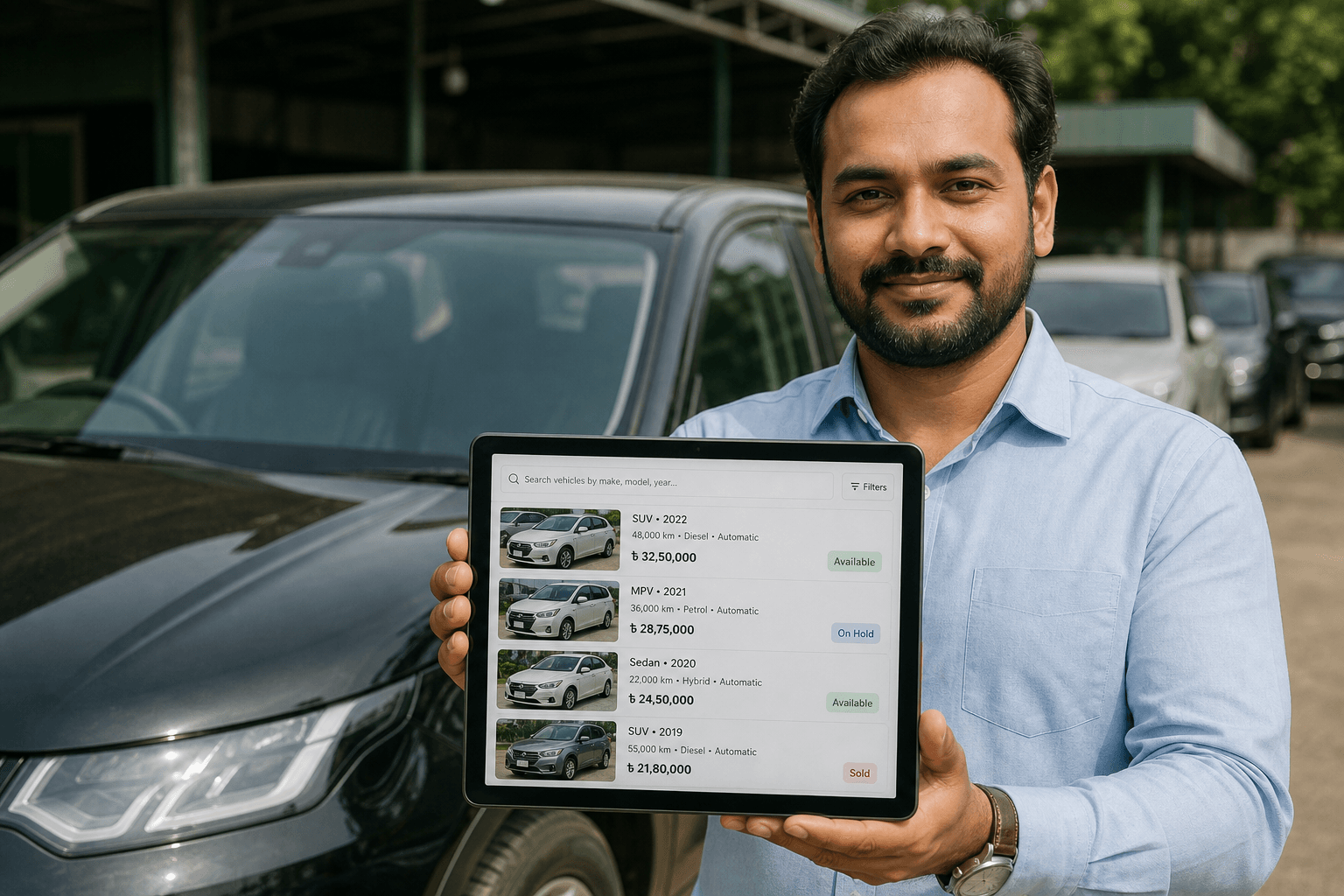 AutoTrader Bangladesh — dealer reviewing vehicle listings on lot