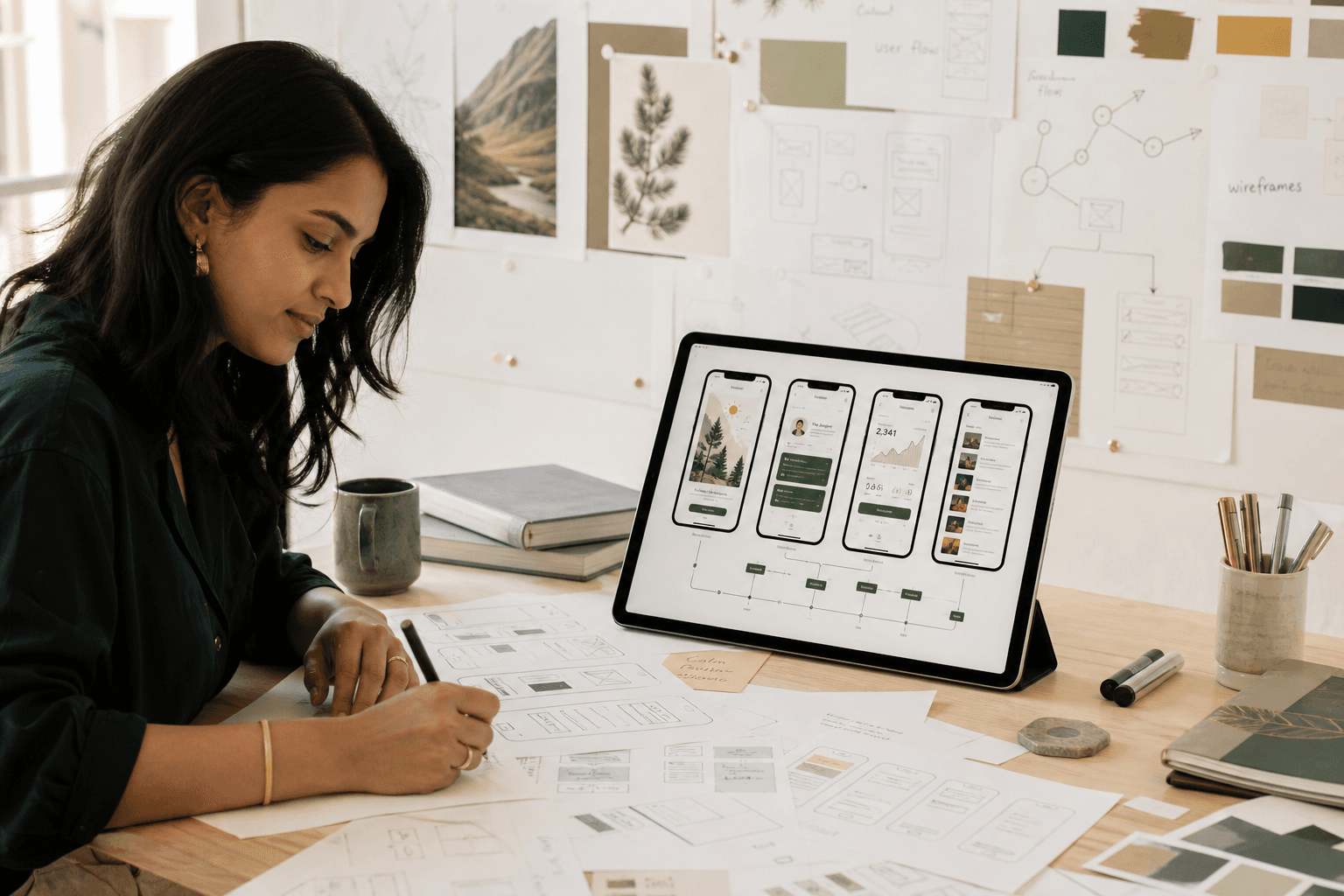 Designers mapping product flows in a studio workshop