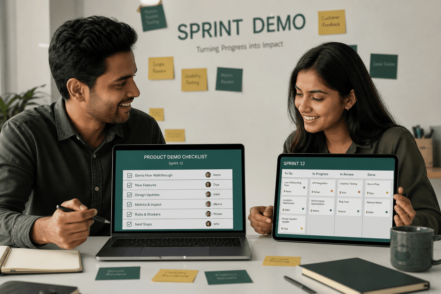 Sprint demo with product checklist on screen
