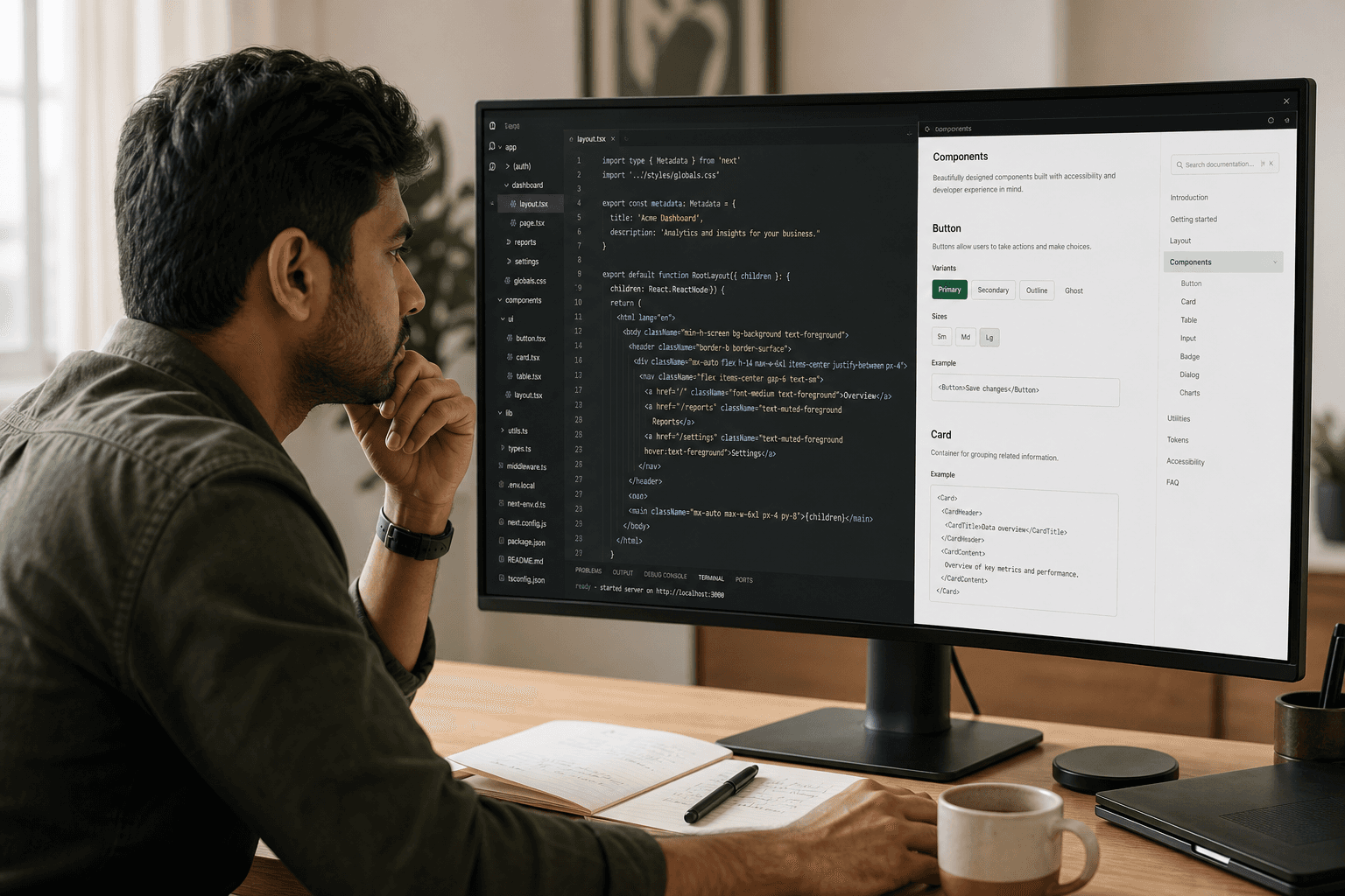 Engineering desk with documentation and IDE open