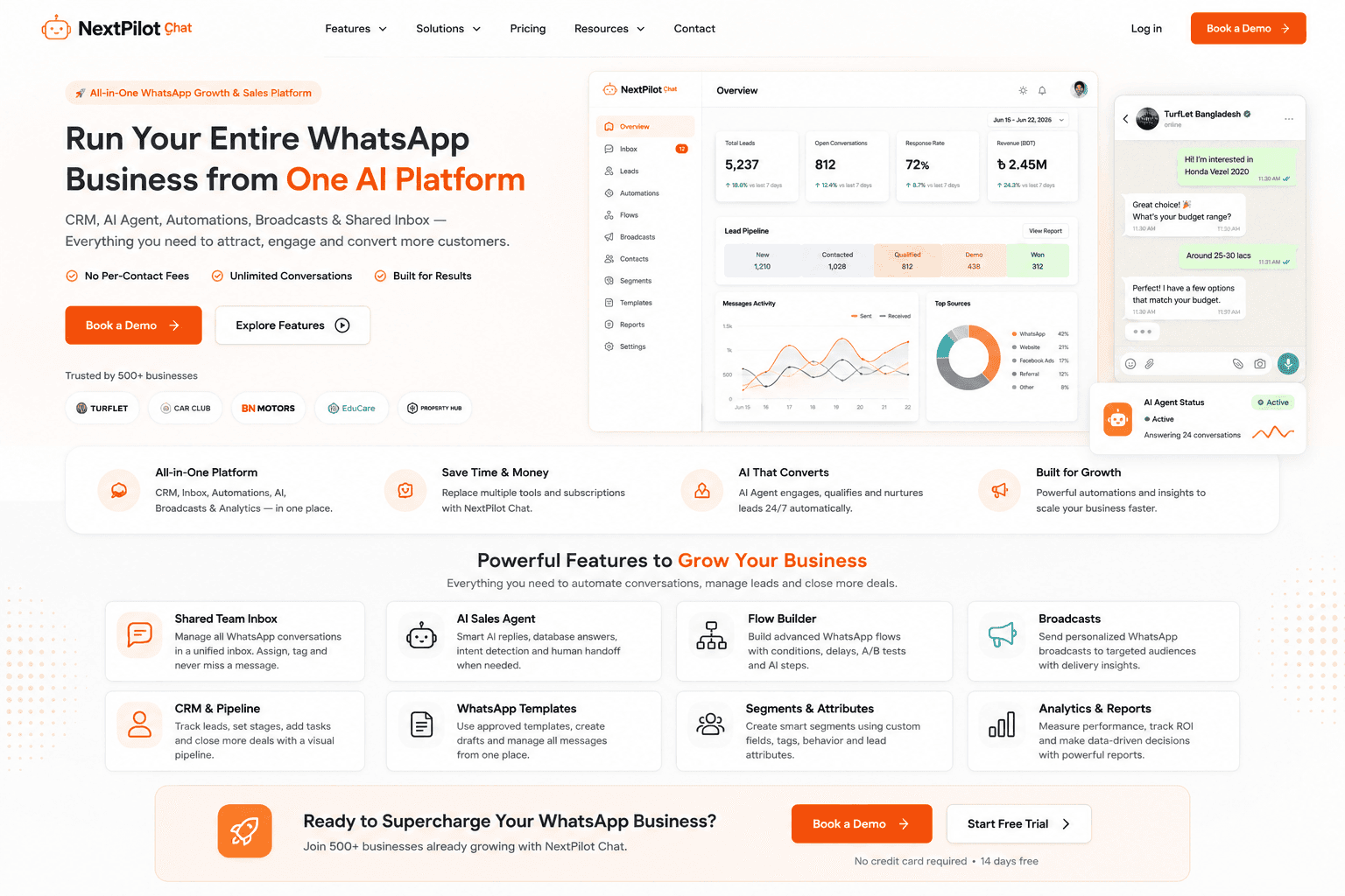 NextPilot Chat homepage — WhatsApp-first CRM product